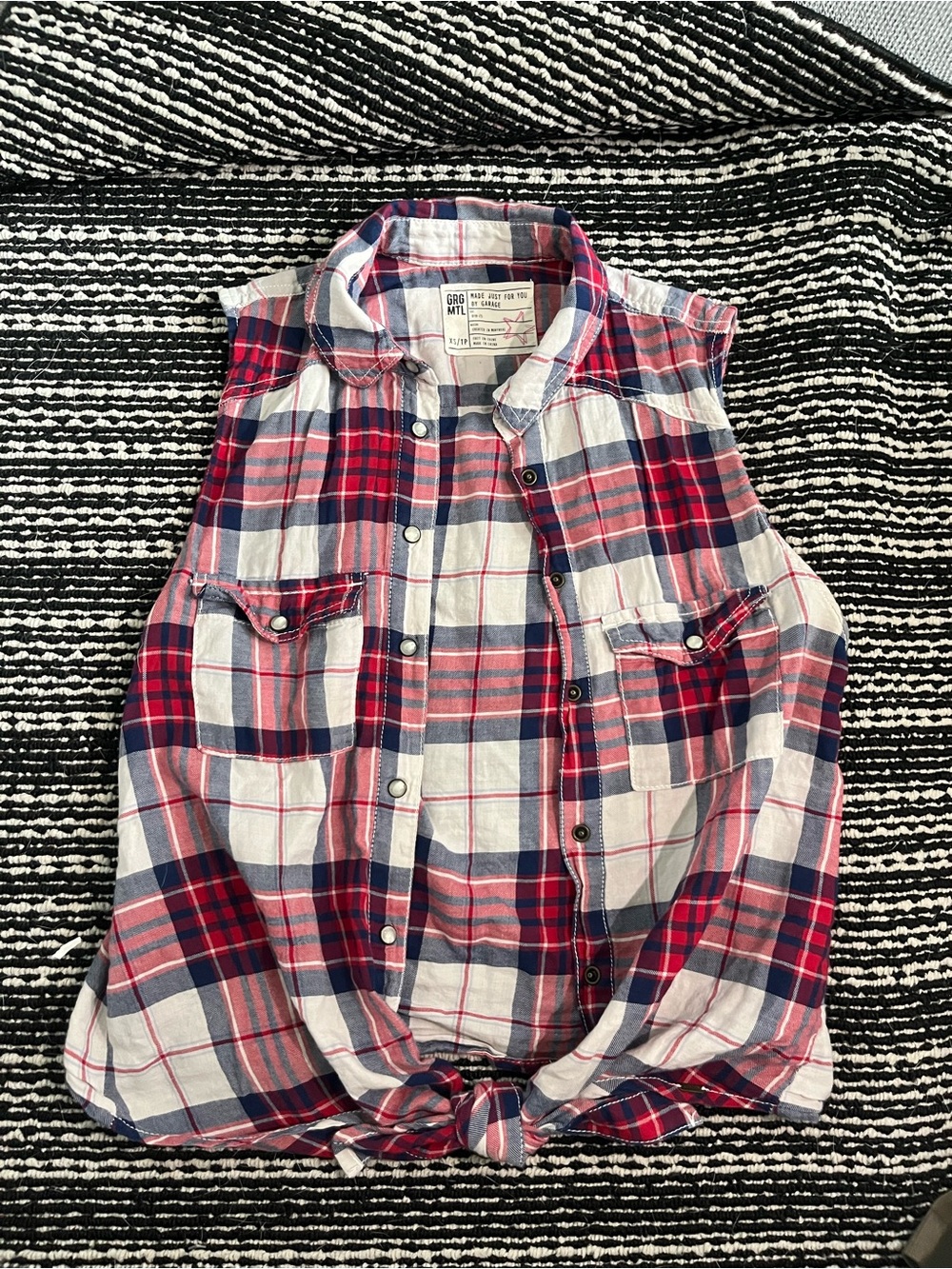 Garage Plaid Sleeveless Tie-Front Muscle Tee in Red, Navy & White